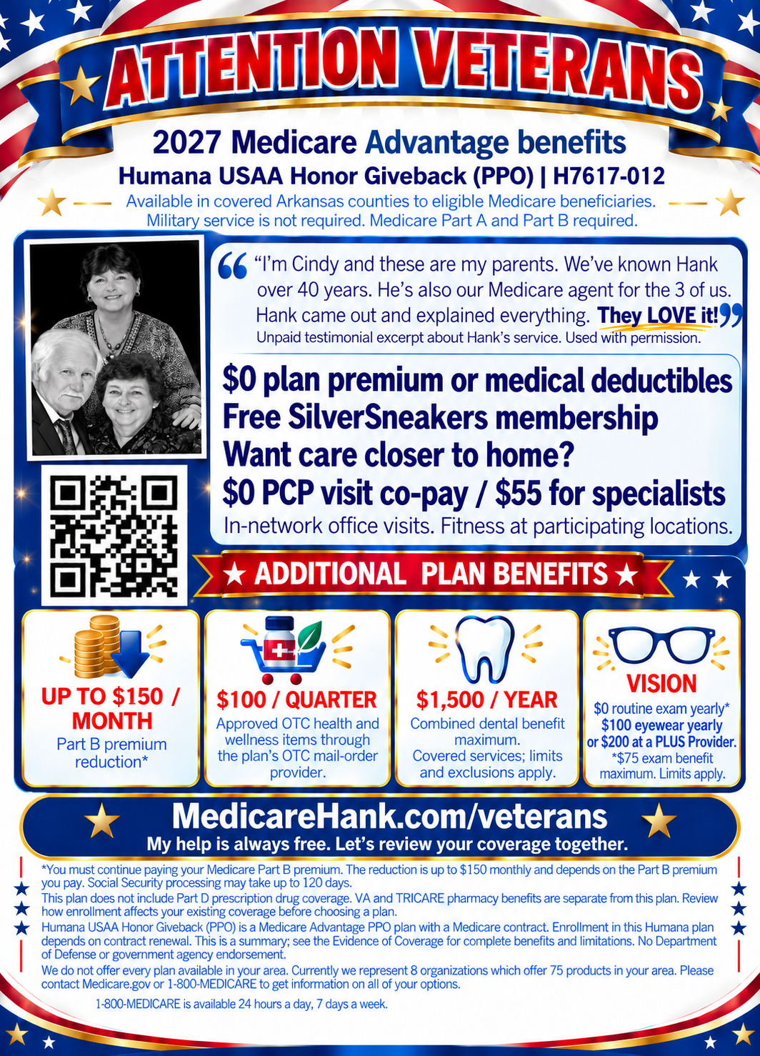 Attention Veterans: more benefits and more care close to home. Cindy shares her family’s experience with Hank, alongside benefit highlights and a QR code.